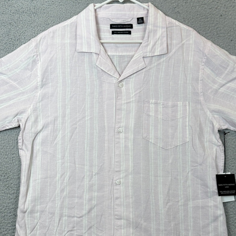 NEW Saks Fifth Avenue Shirt Mens Large Linen Blend Pink White Striped Button Up
